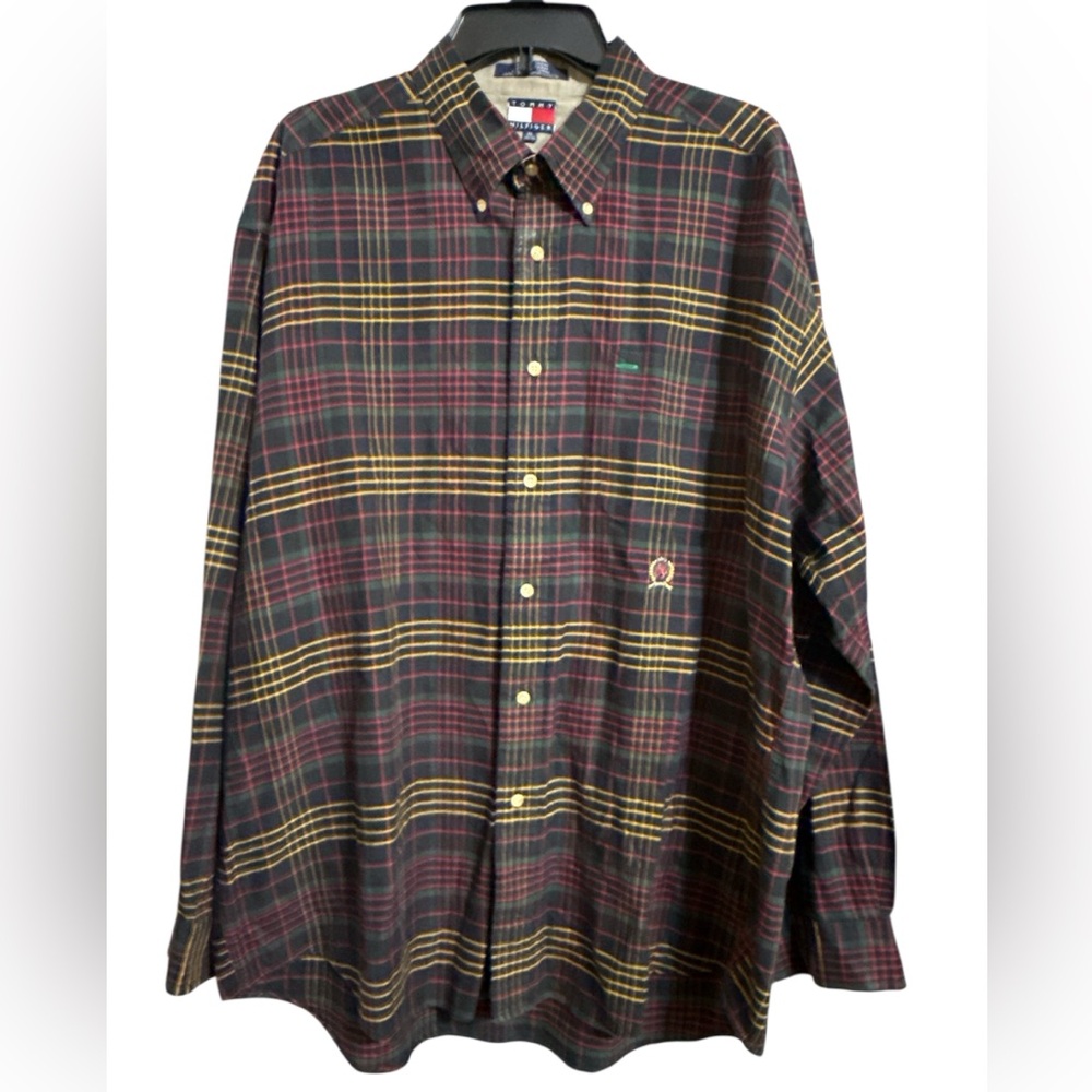 Vintage Tommy Hilfiger Plaid Button Down Shirt XL Red Green Lion Crest 90s Y2K